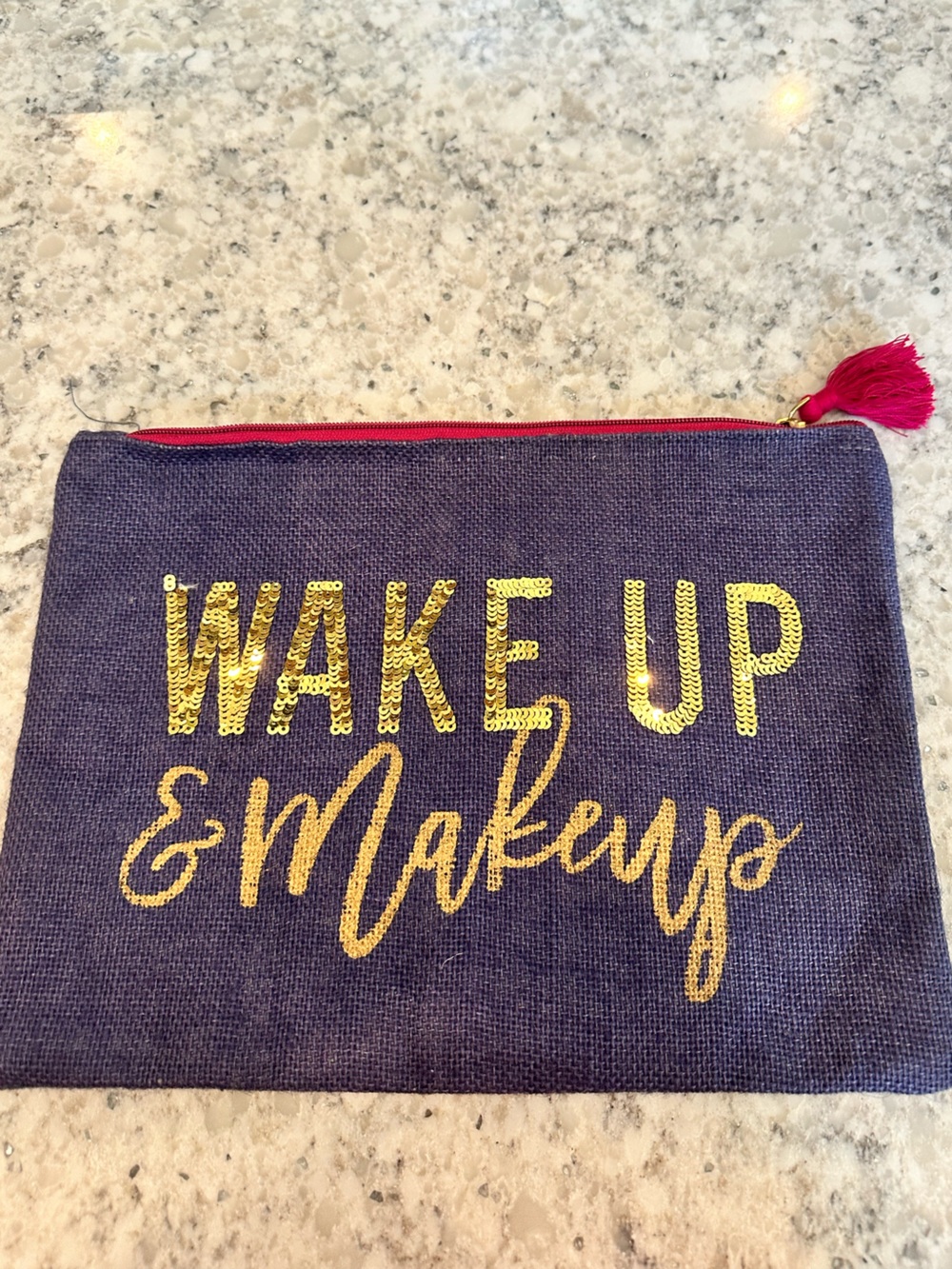 Mud Pie Navy Makeup Pouch with Gold Sequin Text and Pink Tassel